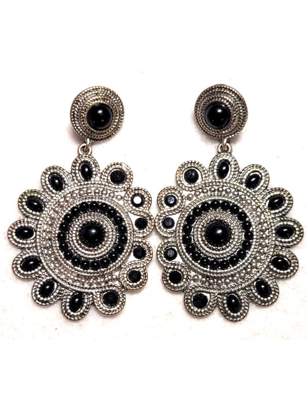 Vtg Silver Tone Black Onyx Style Earrings Ornate Milgrain Border Statement Drop